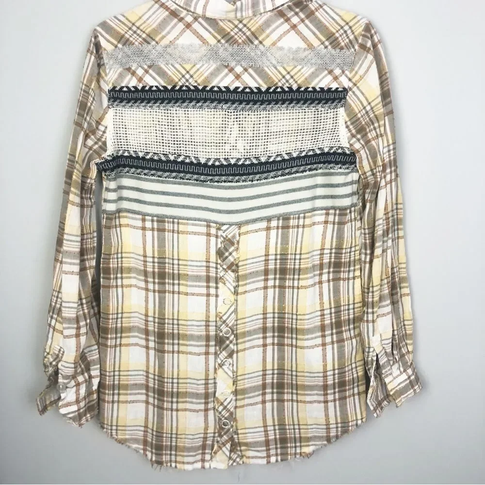 FREE PEOPLE | Park Ranger Plaid Button Down Top Knit Accents Women’s Size XS